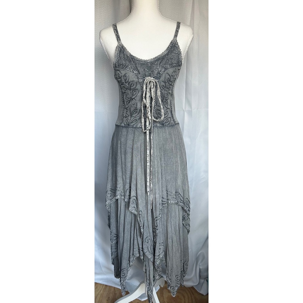 Acid wash gray fairy core lace up dress whimsy Goth handkerchief hem.
#37